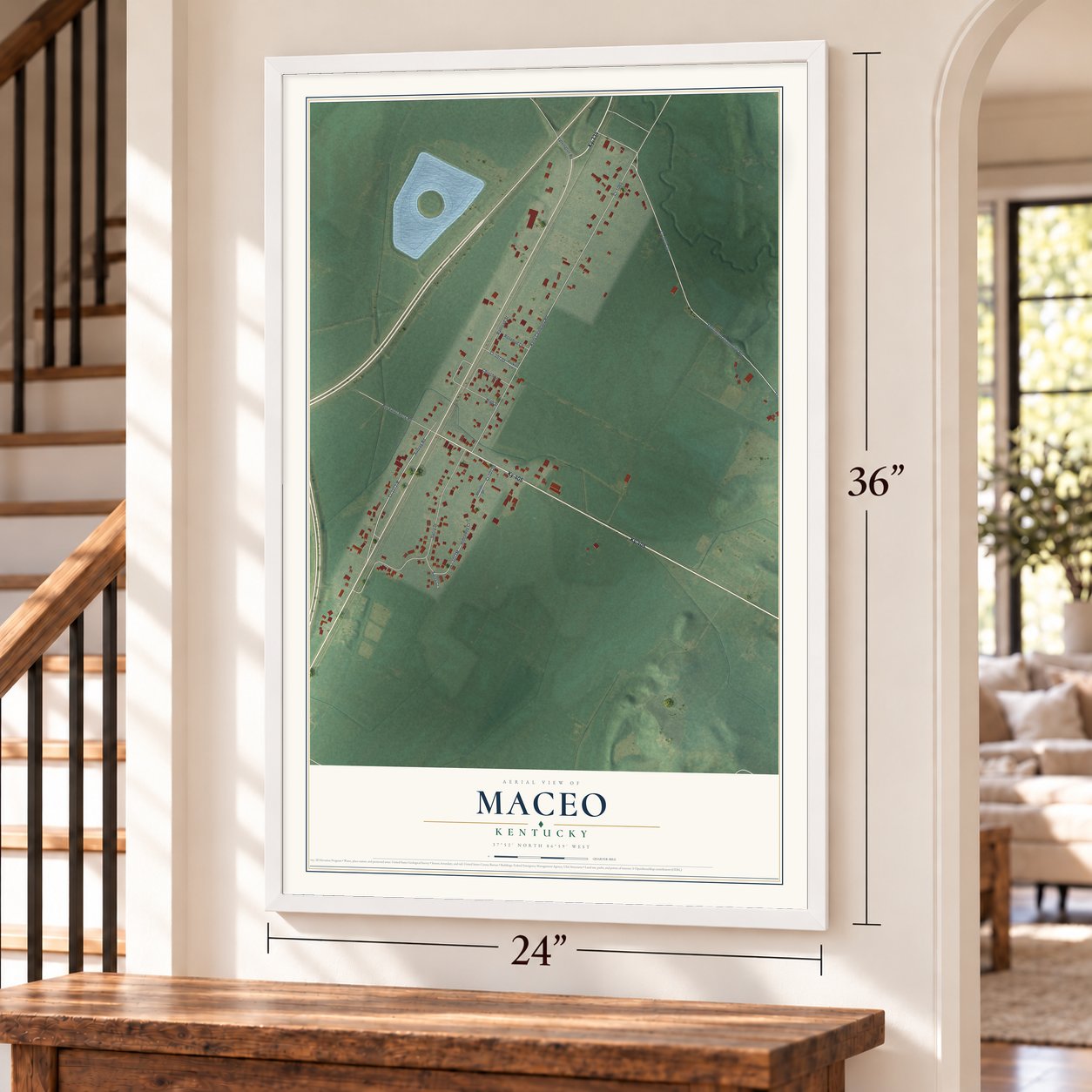 Maceo, Kentucky map, 24 x 36 inch print in a white frame by a staircase
