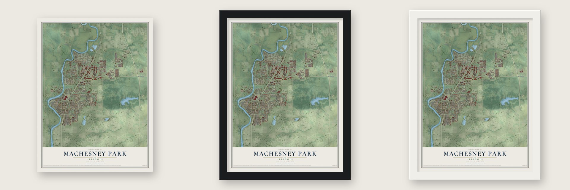 Machesney Park, Illinois map unframed, in a black wood frame and in a white wood frame