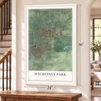 Machesney Park, Illinois map, 24 x 36 inch print in a white frame by a staircase
