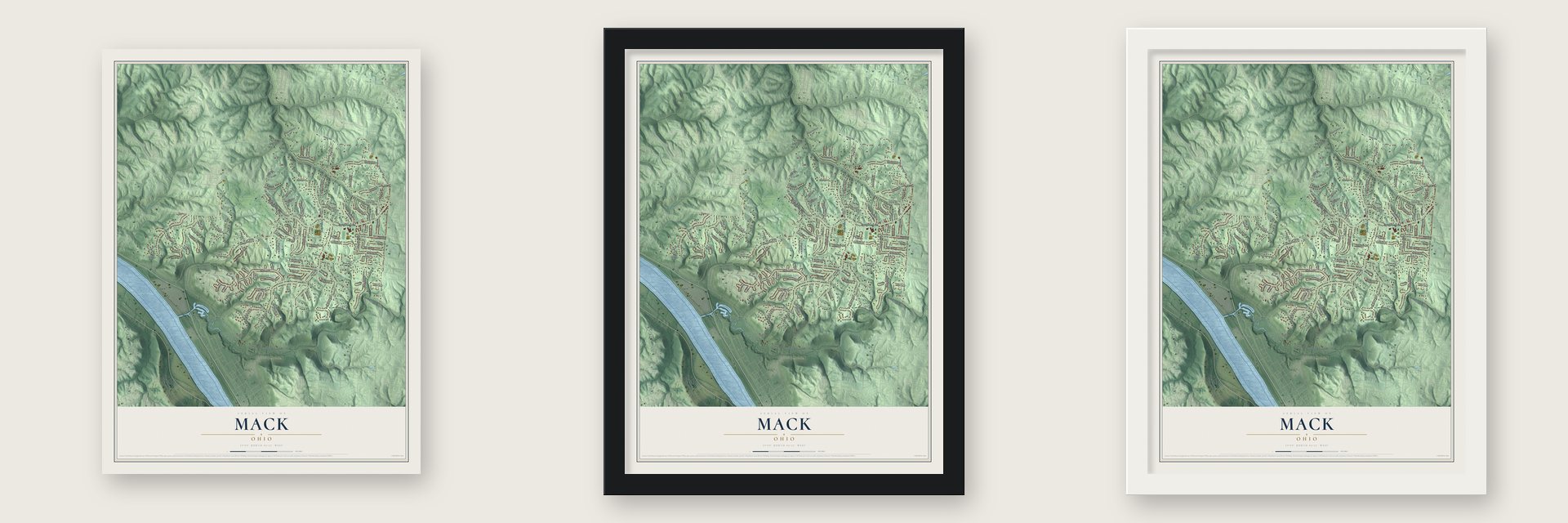 Mack, Ohio map unframed, in a black wood frame and in a white wood frame