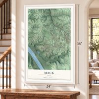 Mack, Ohio map, 24 x 36 inch print in a white frame by a staircase