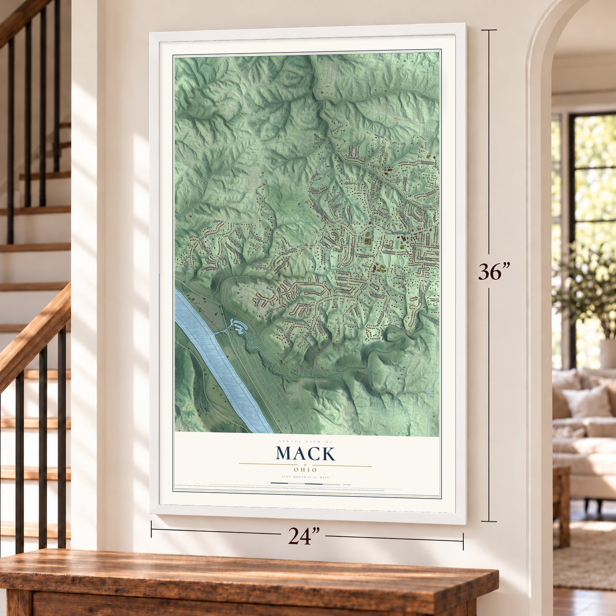 Mack, Ohio map, 24 x 36 inch print in a white frame by a staircase