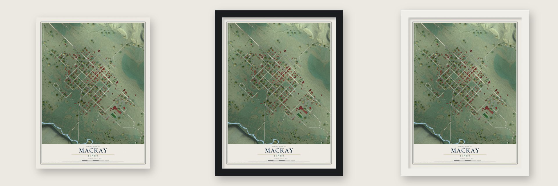 Mackay, Idaho map unframed, in a black wood frame and in a white wood frame