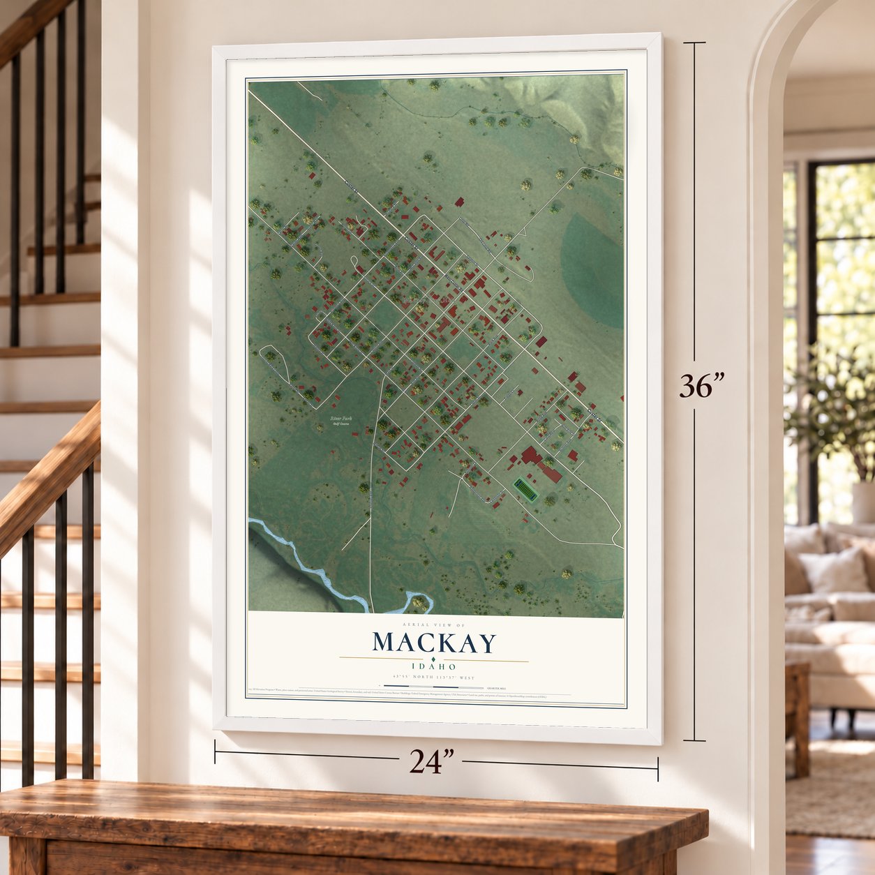 Mackay, Idaho map, 24 x 36 inch print in a white frame by a staircase