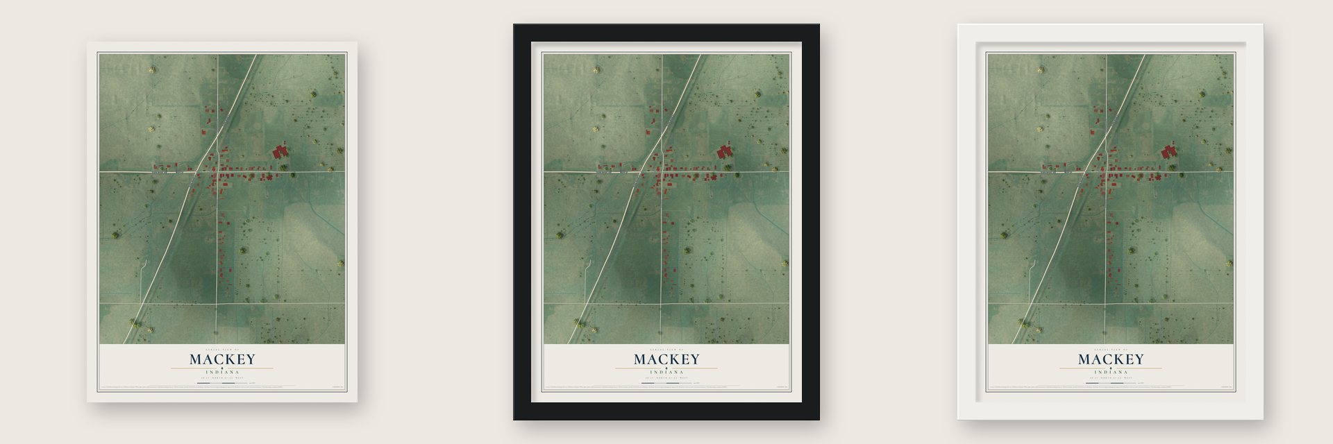 Mackey, Indiana map unframed, in a black wood frame and in a white wood frame