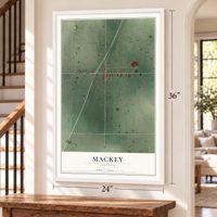 Mackey, Indiana map, 24 x 36 inch print in a white frame by a staircase