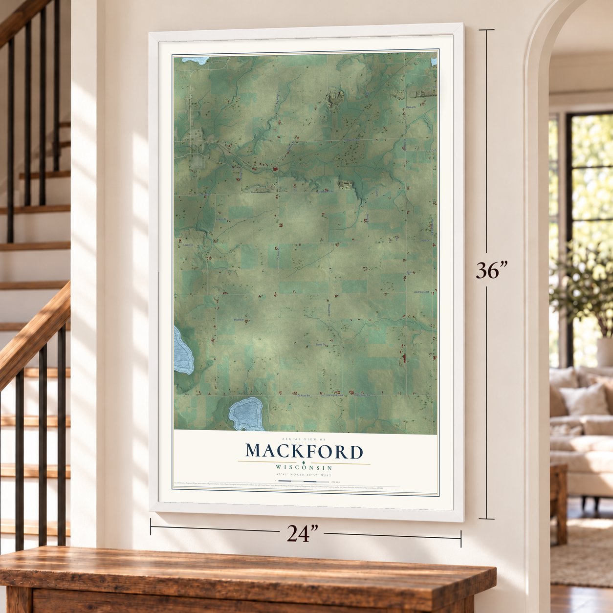 Mackford, Wisconsin map, 24 x 36 inch print in a white frame by a staircase