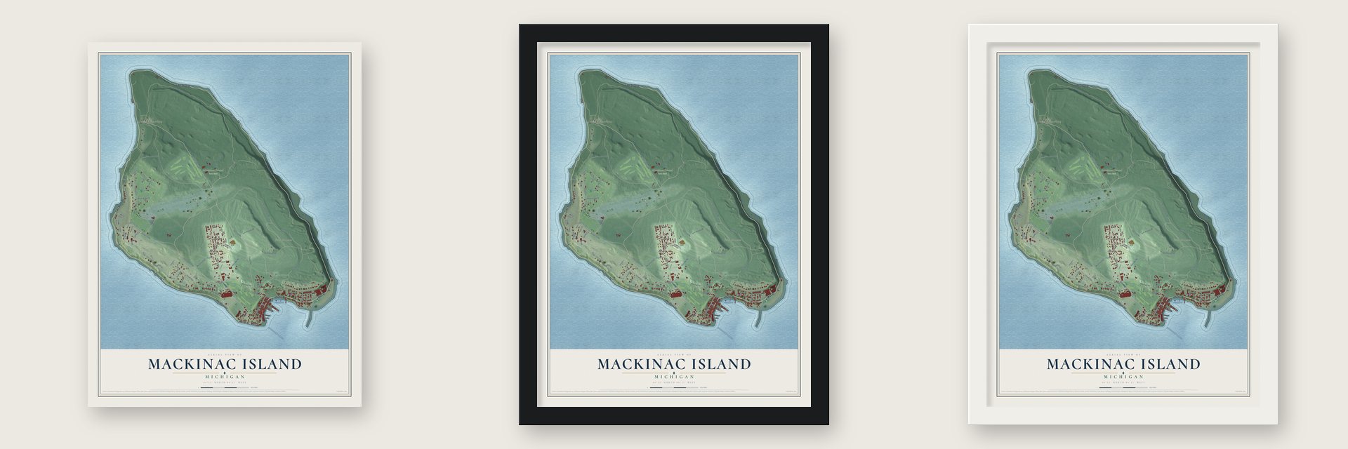 Mackinac Island, Michigan map unframed, in a black wood frame and in a white wood frame