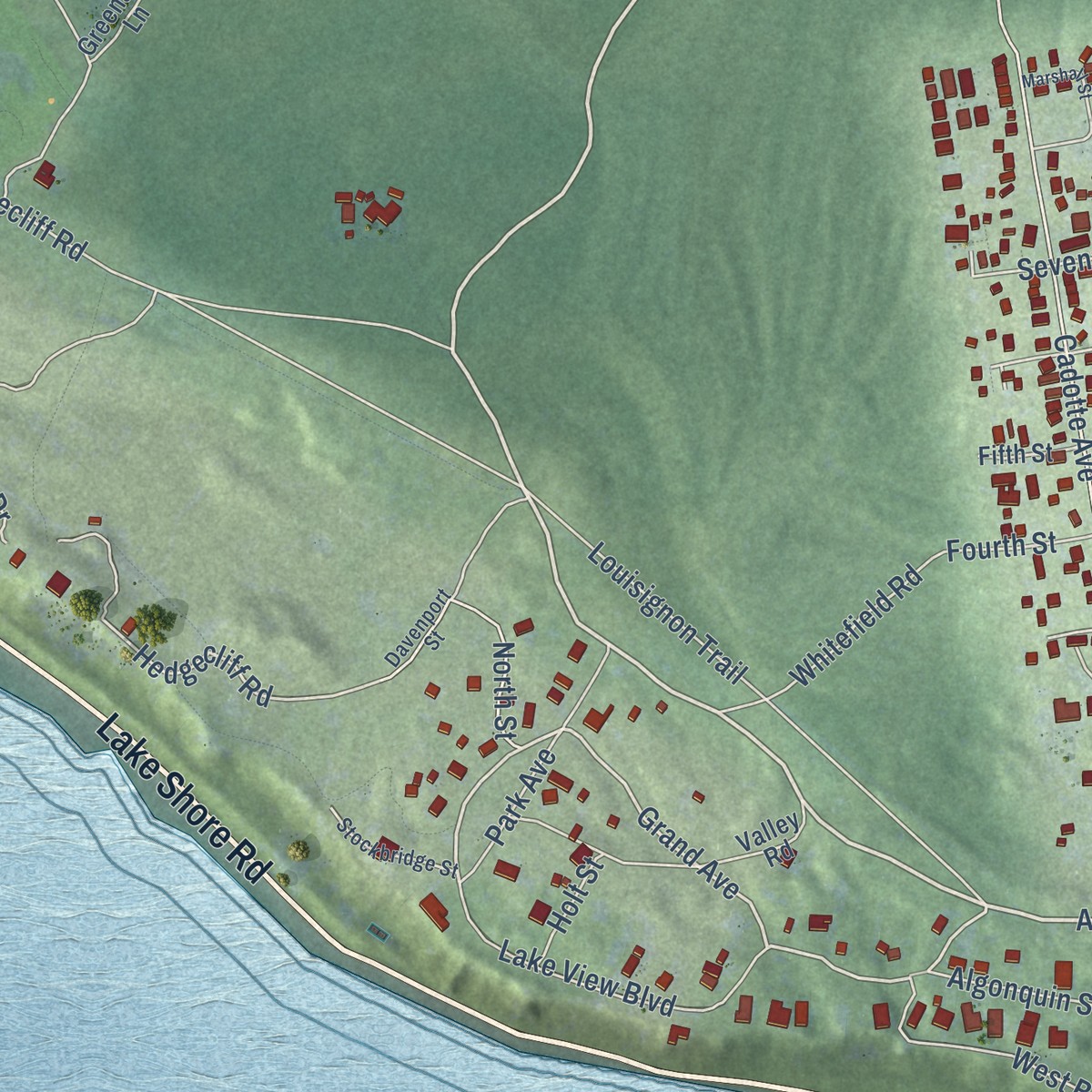 Second close-up of the map of Mackinac Island, Michigan print showing more streets and buildings