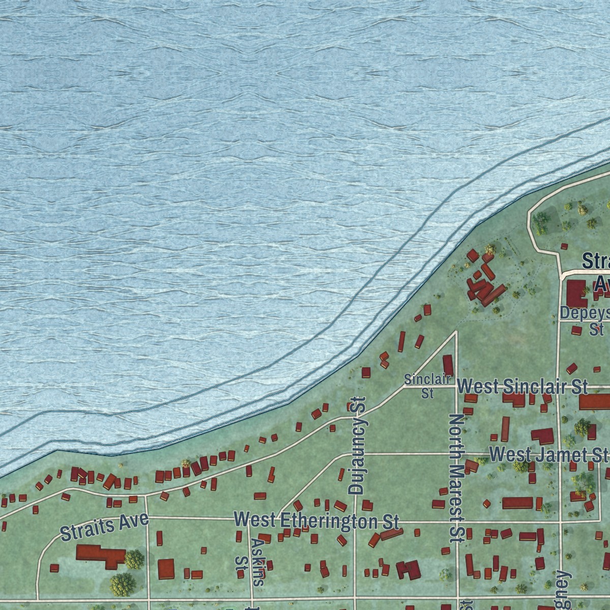 Second close-up of the map of Mackinaw City, Michigan print showing more streets and buildings
