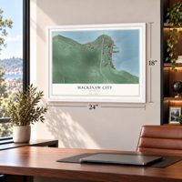 Mackinaw City, Michigan map, 18 x 24 inch print in a white frame in a home office