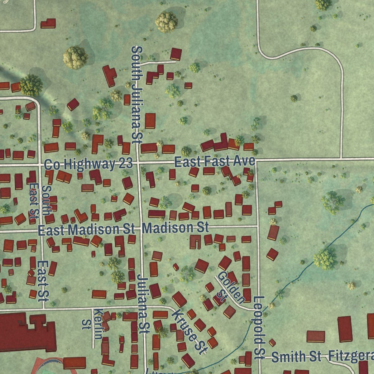 Second close-up of the map of Mackinaw, Illinois print showing more streets and buildings