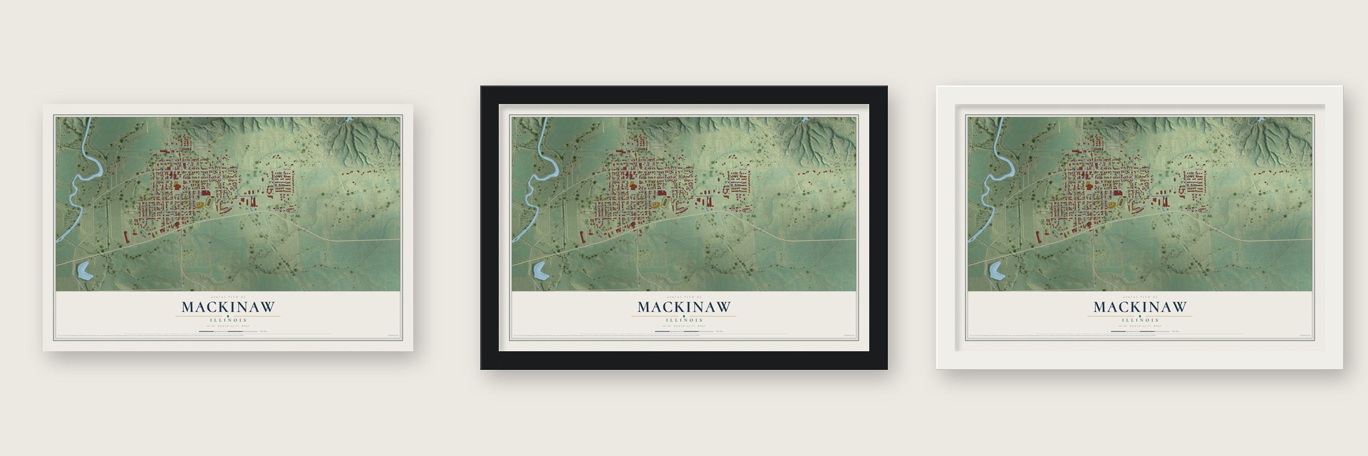 Mackinaw, Illinois map unframed, in a black wood frame and in a white wood frame