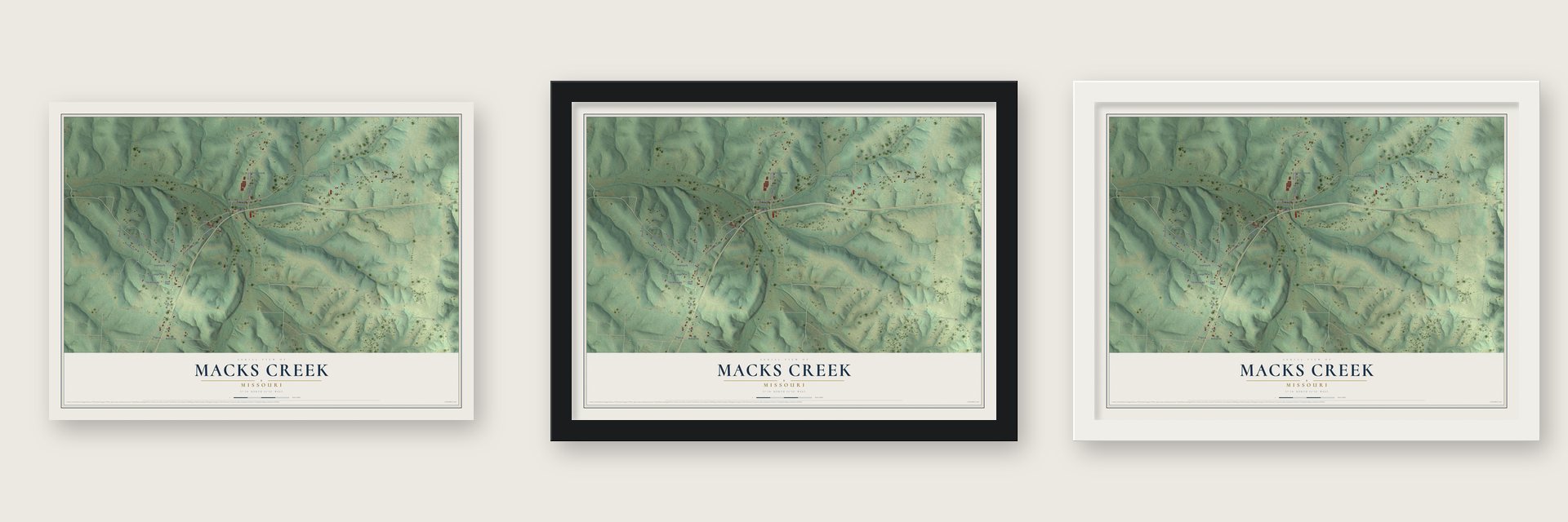 Macks Creek, Missouri map unframed, in a black wood frame and in a white wood frame