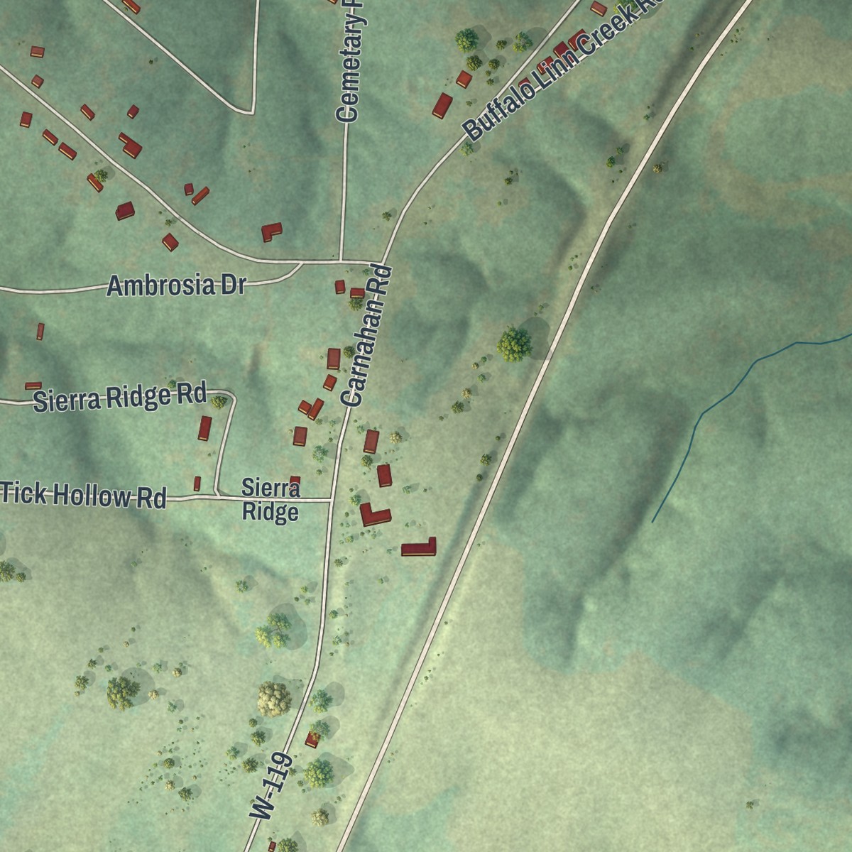 Second close-up of the map of Macks Creek, Missouri print showing more streets and buildings