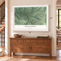 Macks Creek, Missouri map, 24 x 36 inch print in a white frame above a dresser by a staircase