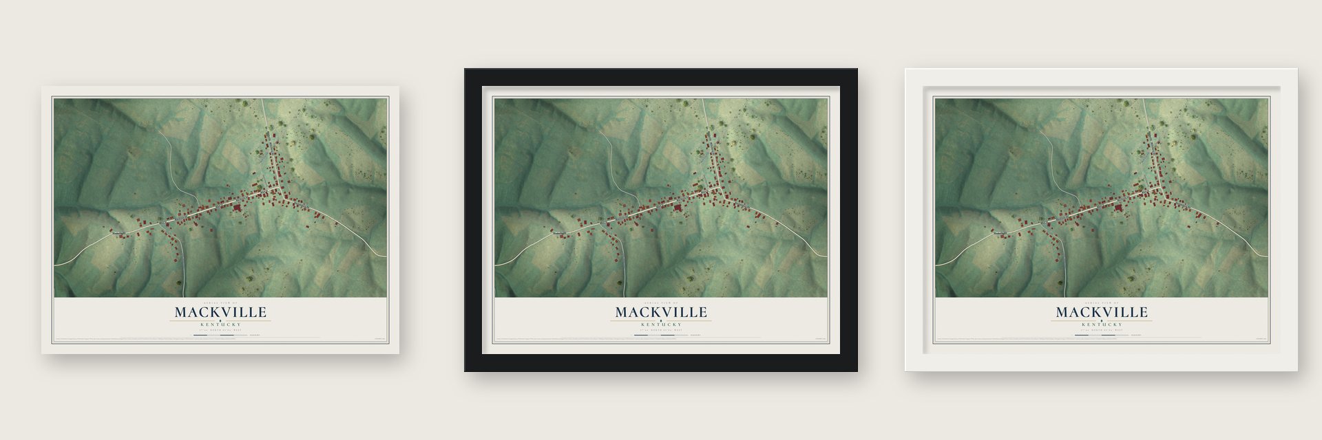 Mackville, Kentucky map unframed, in a black wood frame and in a white wood frame