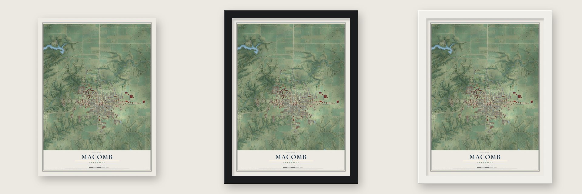 Macomb, Illinois map unframed, in a black wood frame and in a white wood frame