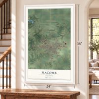 Macomb, Illinois map, 24 x 36 inch print in a white frame by a staircase