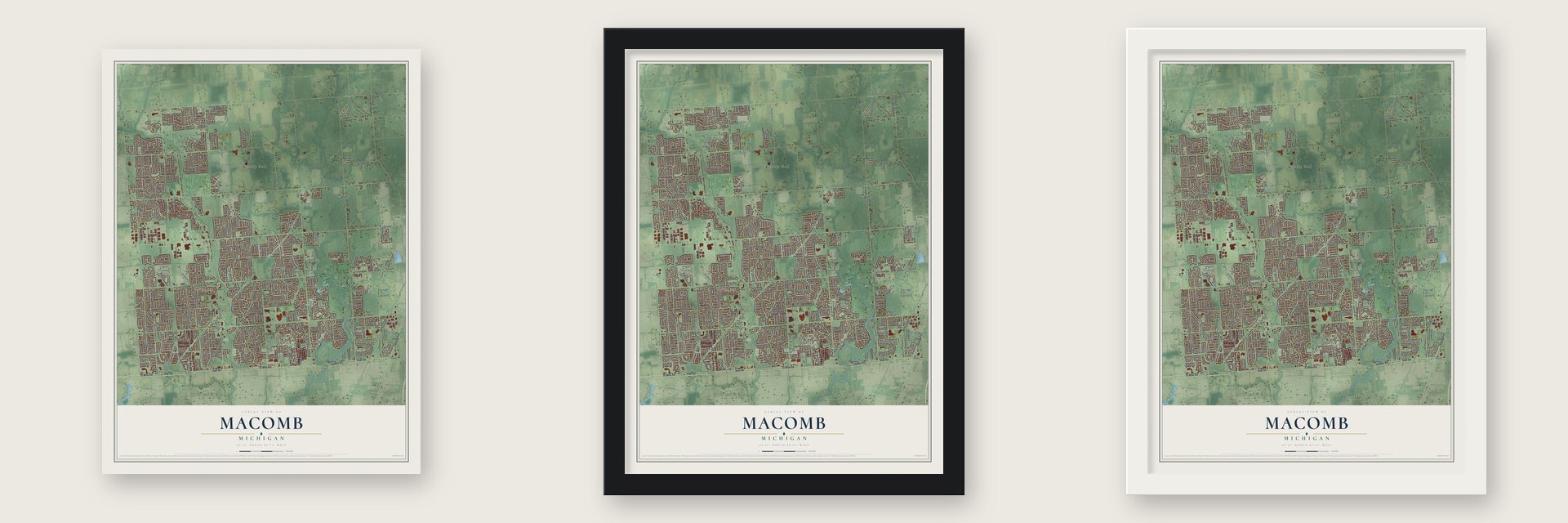 Macomb, Michigan map unframed, in a black wood frame and in a white wood frame