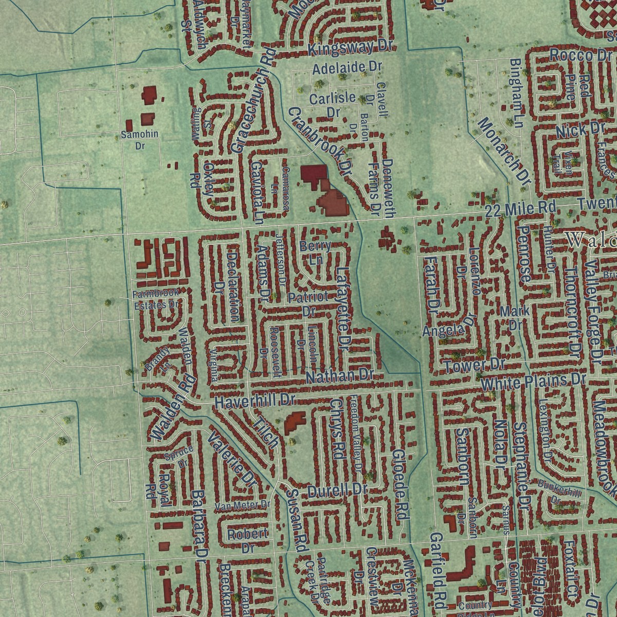 Second close-up of the map of Macomb, Michigan print showing more streets and buildings