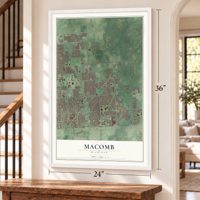 Macomb, Michigan map, 24 x 36 inch print in a white frame by a staircase