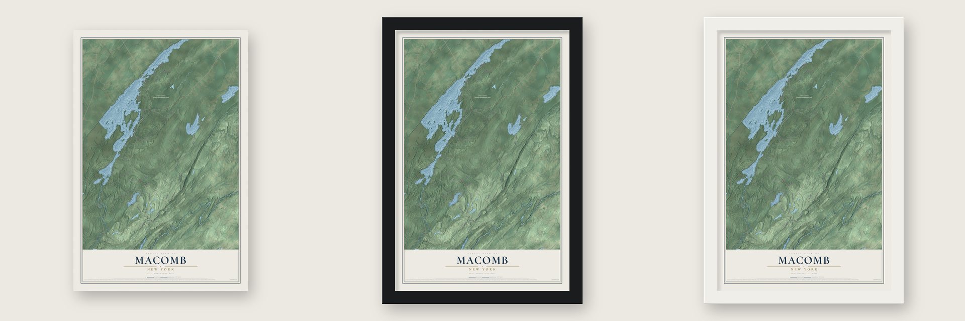 Macomb, New York map unframed, in a black wood frame and in a white wood frame