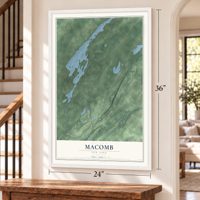Macomb, New York map, 24 x 36 inch print in a white frame by a staircase