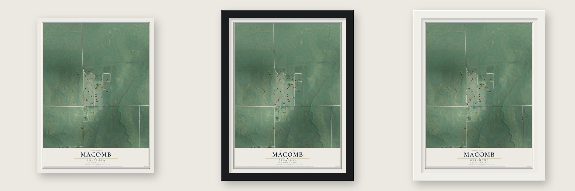 Macomb, Oklahoma map unframed, in a black wood frame and in a white wood frame