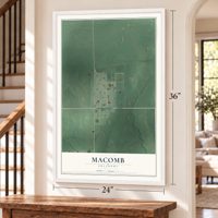 Macomb, Oklahoma map, 24 x 36 inch print in a white frame by a staircase