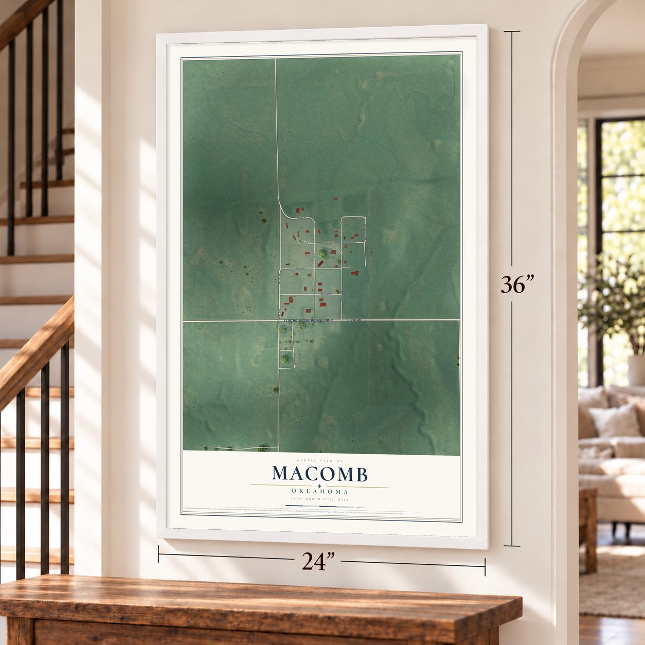 Macomb, Oklahoma map, 24 x 36 inch print in a white frame by a staircase