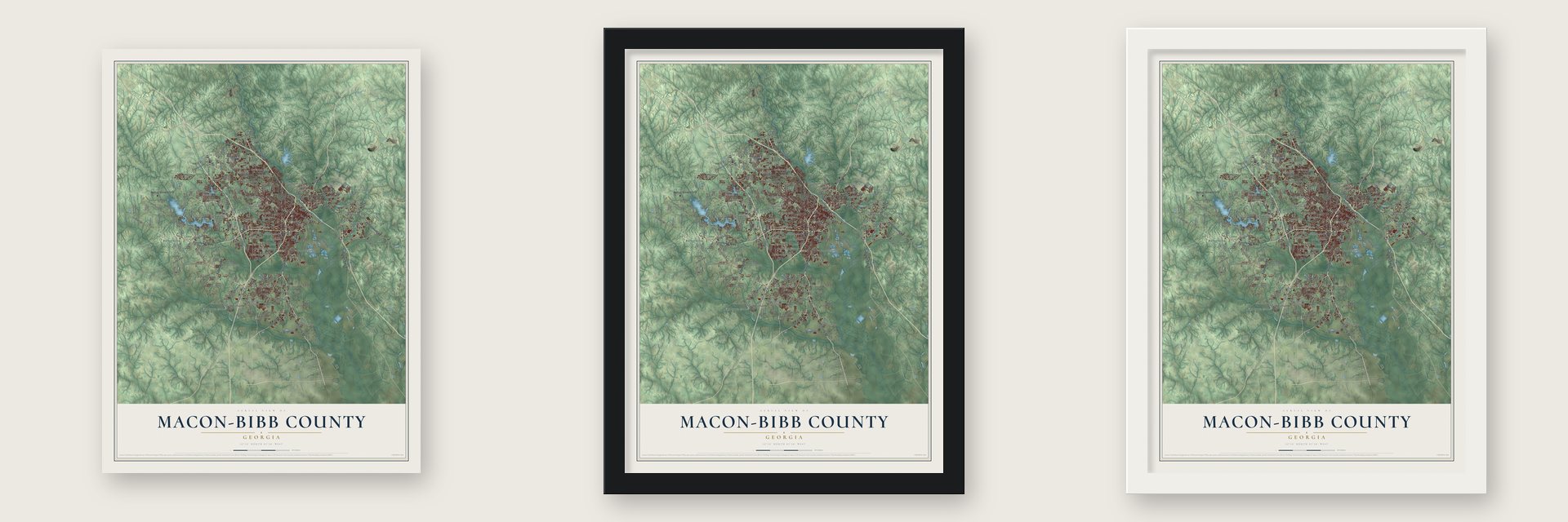 Macon-Bibb County, Georgia map unframed, in a black wood frame and in a white wood frame