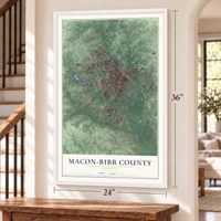 Macon-Bibb County, Georgia map, 24 x 36 inch print in a white frame by a staircase