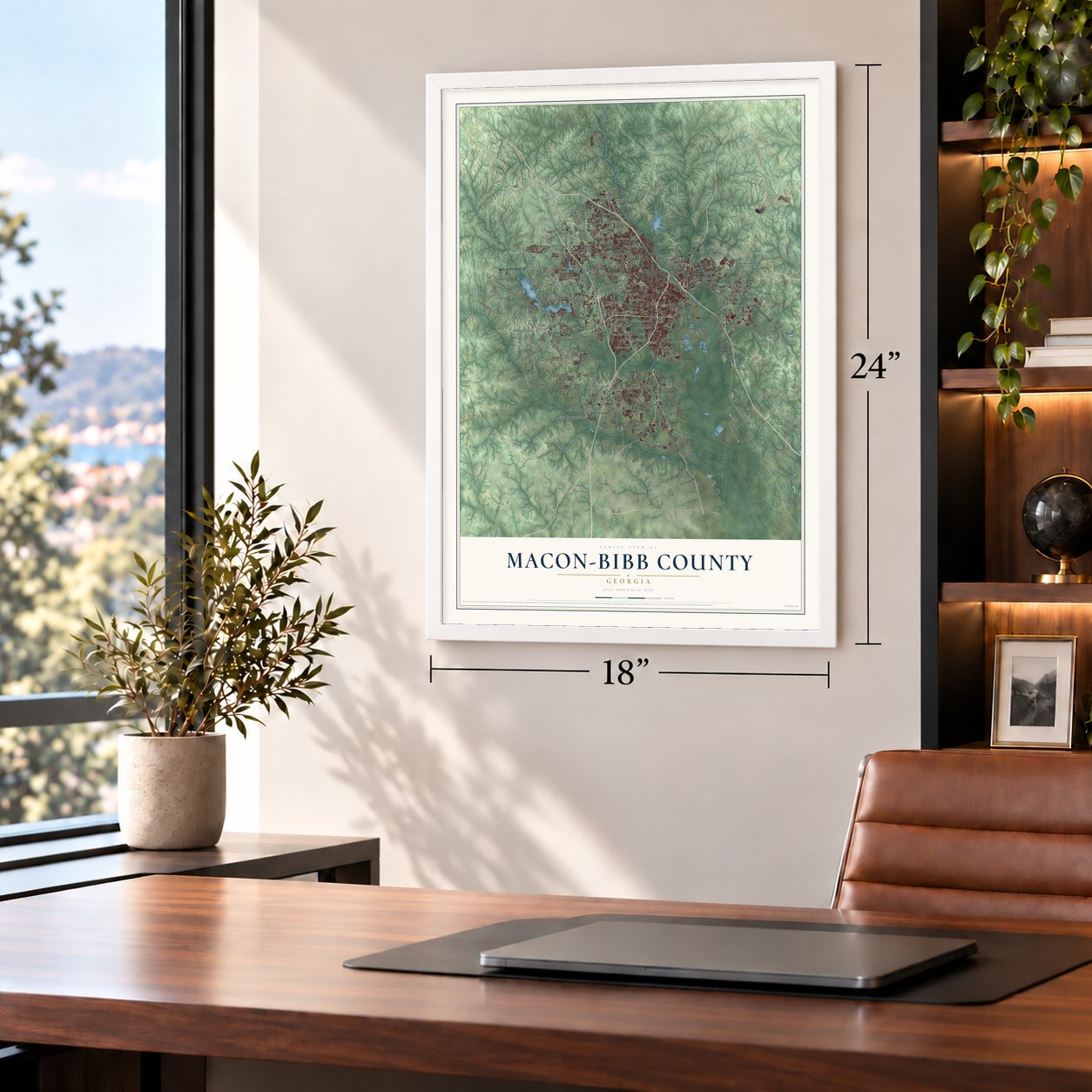 Macon-Bibb County, Georgia map, 18 x 24 inch print in a white frame in a home office