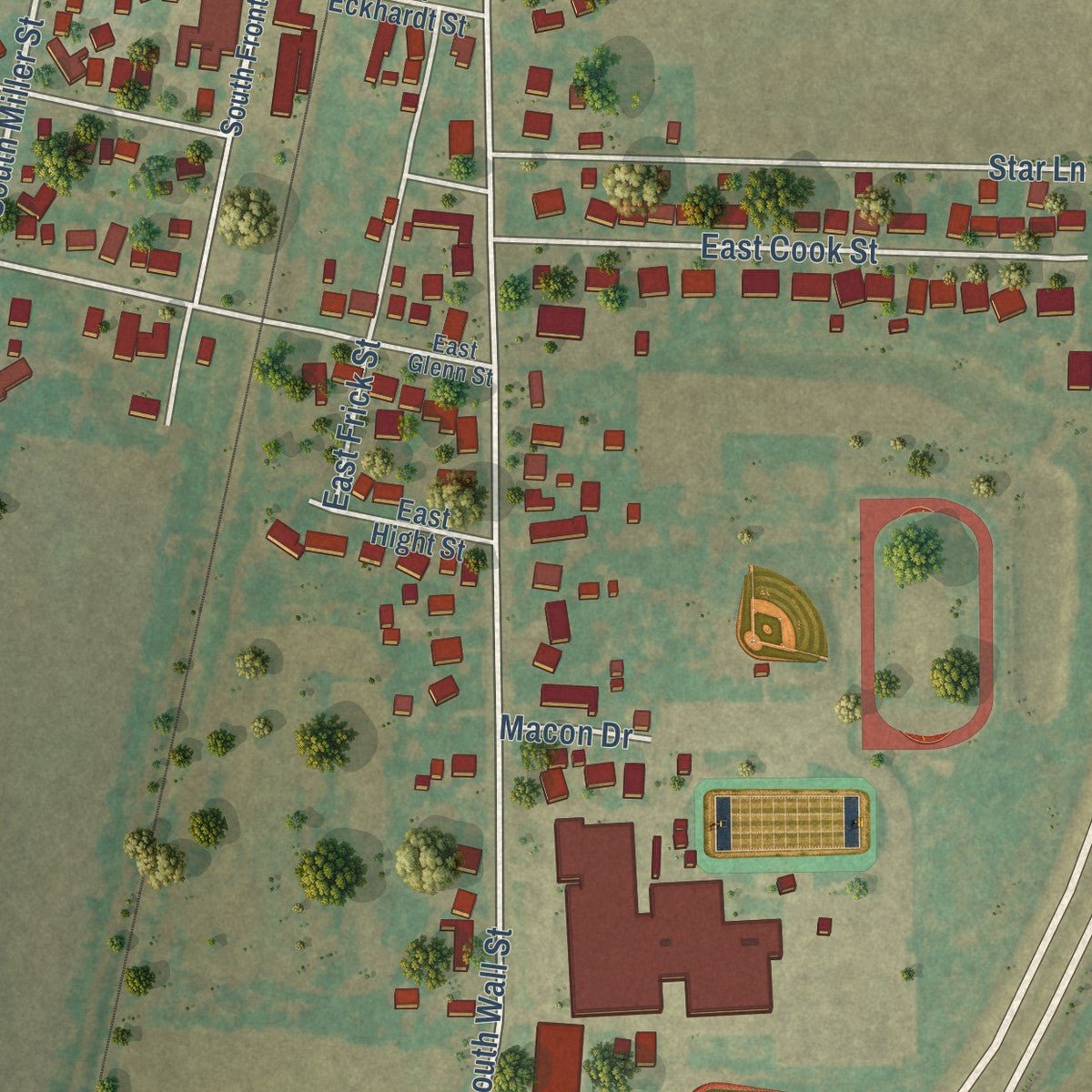 Second close-up of the map of Macon, Illinois print showing more streets and buildings