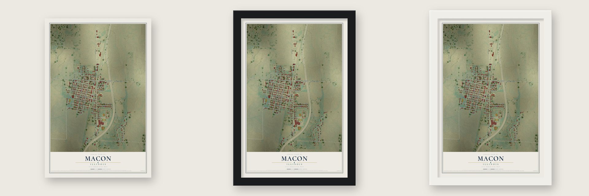 Macon, Illinois map unframed, in a black wood frame and in a white wood frame