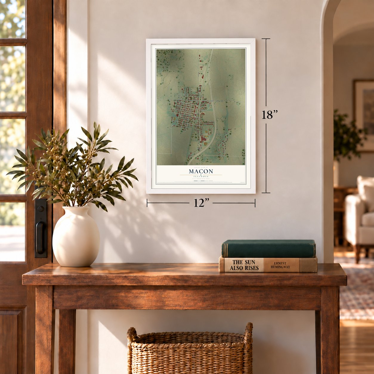 Macon, Illinois map, 12 x 18 inch print in a white frame in an entryway