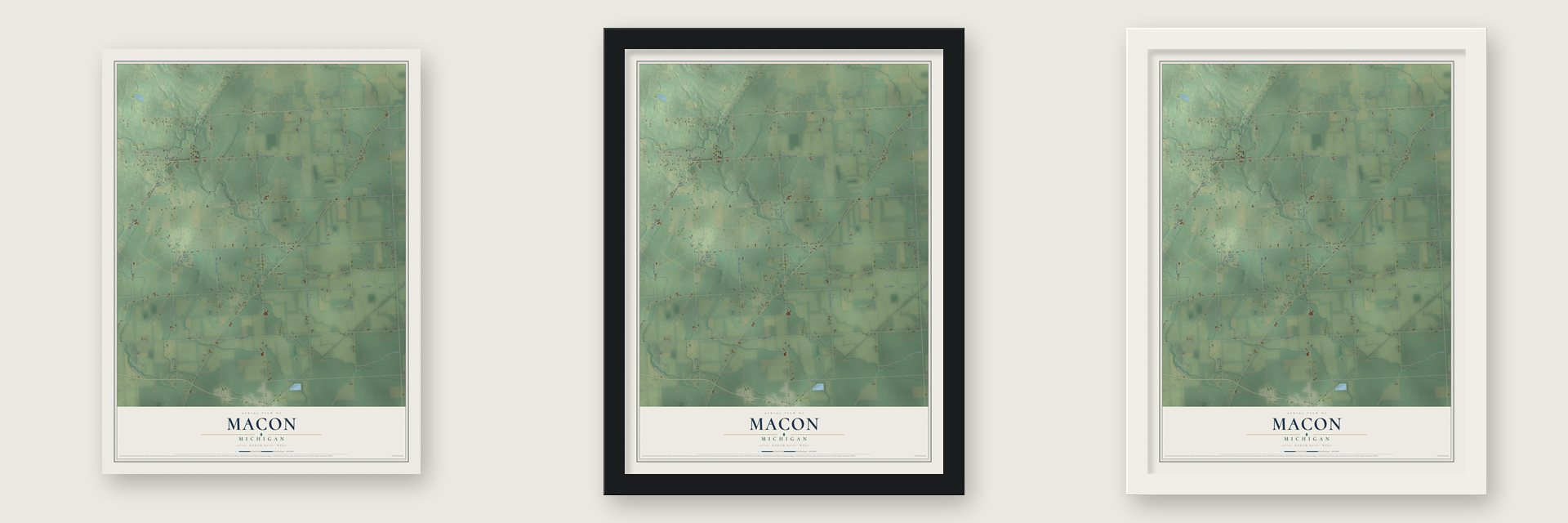 Macon, Michigan map unframed, in a black wood frame and in a white wood frame