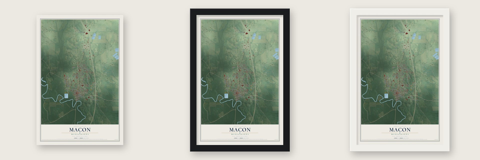 Macon, Mississippi map unframed, in a black wood frame and in a white wood frame