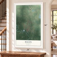 Macon, Mississippi map, 24 x 36 inch print in a white frame by a staircase