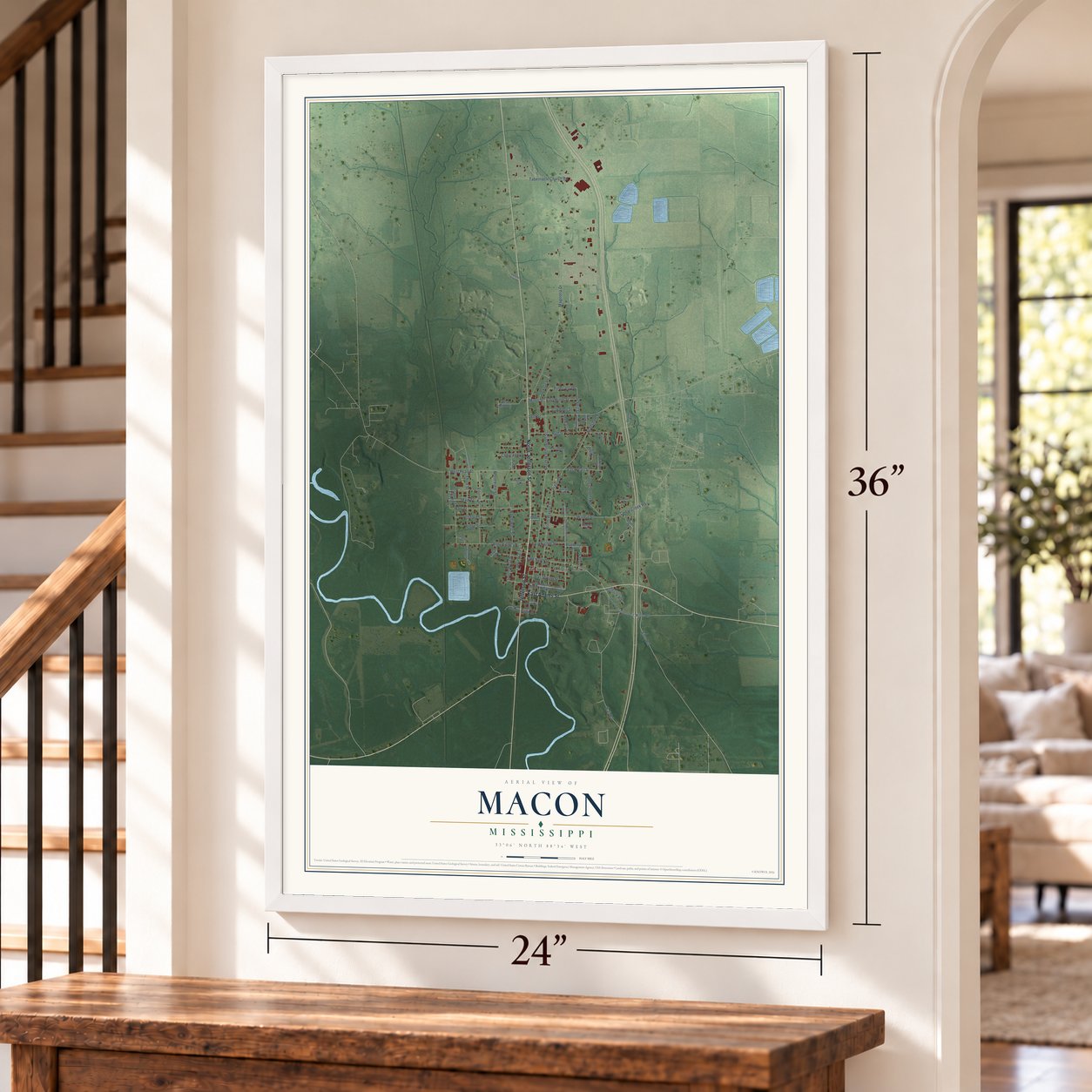 Macon, Mississippi map, 24 x 36 inch print in a white frame by a staircase