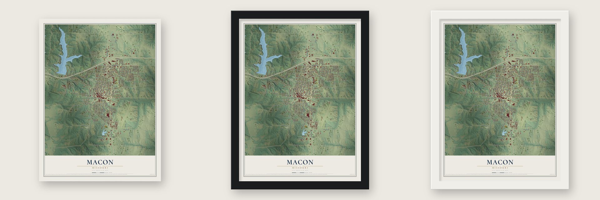 Macon, Missouri map unframed, in a black wood frame and in a white wood frame