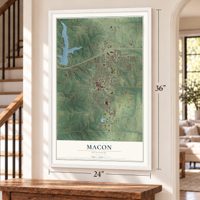Macon, Missouri map, 24 x 36 inch print in a white frame by a staircase