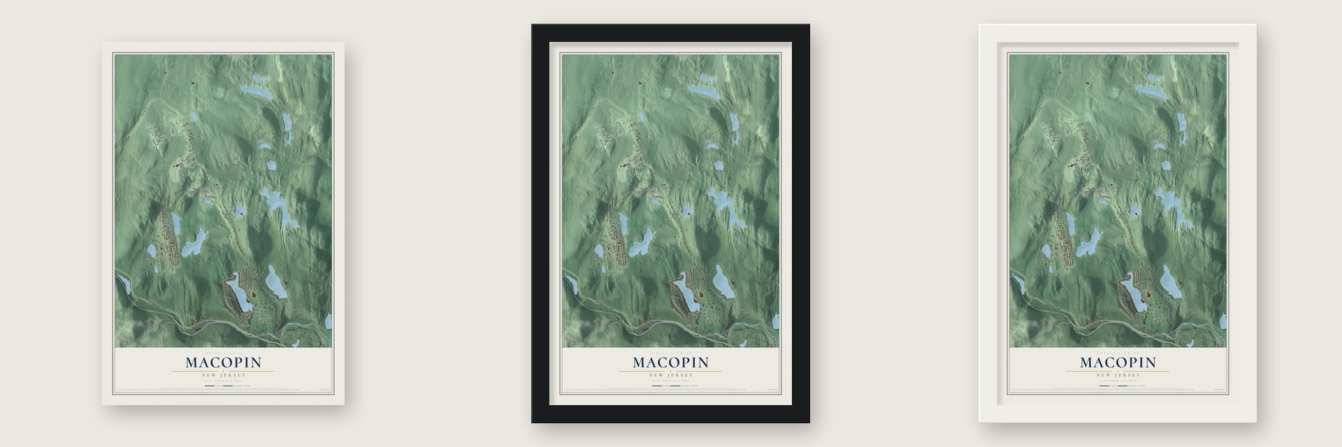 Macopin, New Jersey map unframed, in a black wood frame and in a white wood frame