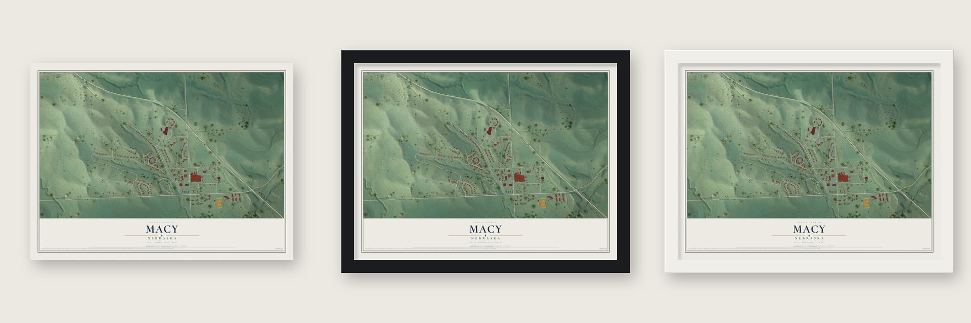 Macy, Nebraska map unframed, in a black wood frame and in a white wood frame