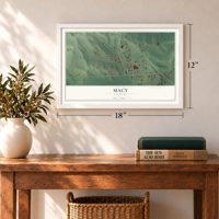 Macy, Nebraska map, 12 x 18 inch print in a white frame in an entryway