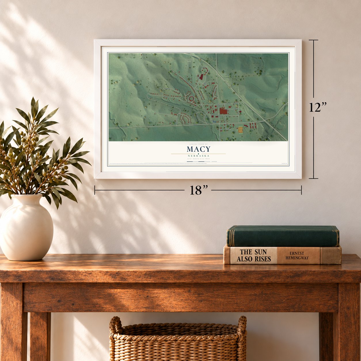 Macy, Nebraska map, 12 x 18 inch print in a white frame in an entryway