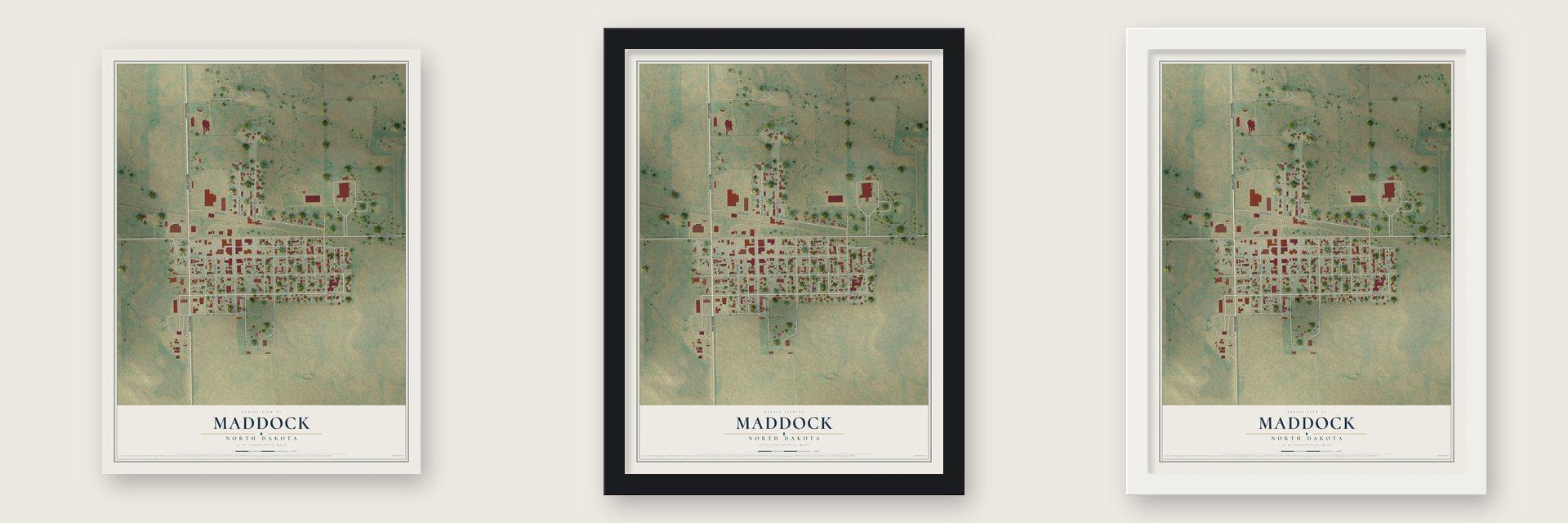 Maddock, North Dakota map unframed, in a black wood frame and in a white wood frame