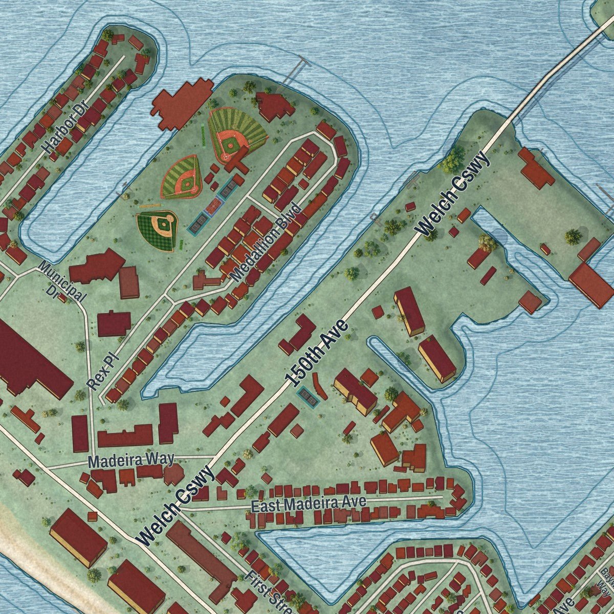 Second close-up of the map of Madeira Beach, Florida print showing more streets and buildings