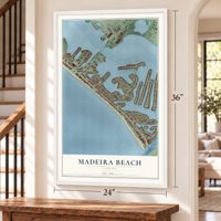 Madeira Beach, Florida map, 24 x 36 inch print in a white frame by a staircase